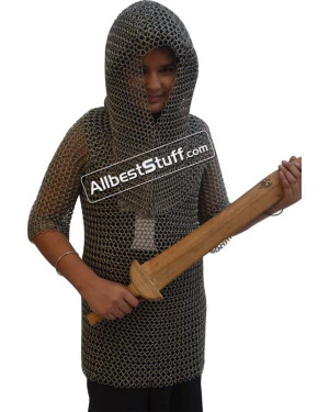 Butted Steel Chain Mail Shirt with Coif Maille Chest 30 inch